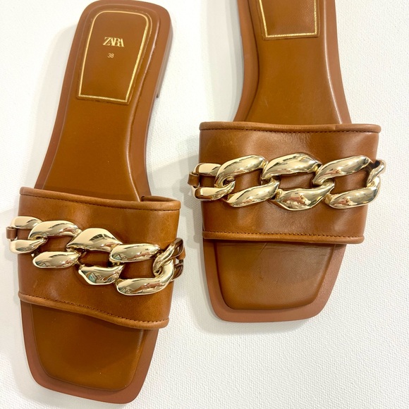 Zara Tan Sandals with Gold Chain Accent - Picture 1 of 6